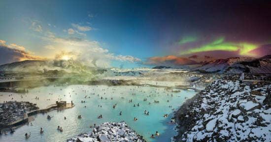 The Blue Lagoon goes from day to night as the image spans left to right.