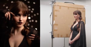 A portrait of a woman in front of a piece of cardboard with holes in it.